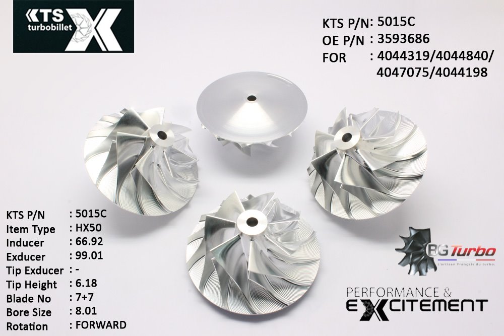 Turbo ROUE FORGÉE MFS PERFORMANCE - 7+7 PALES - INDUCER : 66,92 - EXDUCER : 99,01 - TYPE : HX50ANGLE : 55° - ROTATION : Forward - SUPER BACK : 6,27 - BORE SIZE : 8,01
